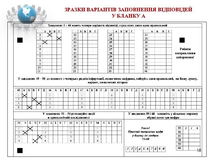 ЗРАЗКИ ВАРІАНТІВ ЗАПОВНЕННЯ ВІДПОВІДЕЙ У БЛАНКУ А 18 