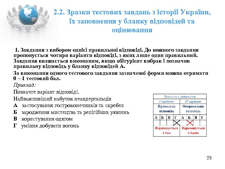 2. 2. Зразки тестових завдань з історії України, їх заповнення у бланку відповідей та