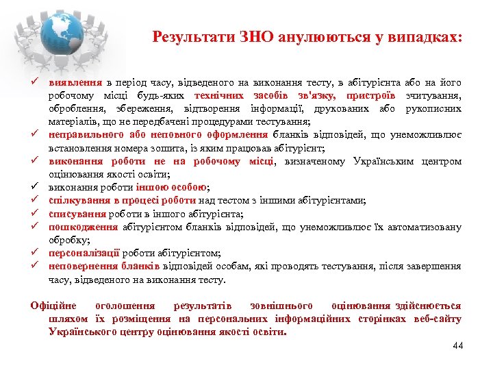 Результати ЗНО анулюються у випадках: виявлення в період часу, відведеного на виконання тесту, в