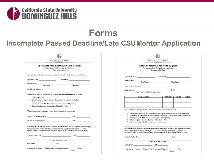 Forms Incomplete Passed Deadline/Late CSUMentor Application 
