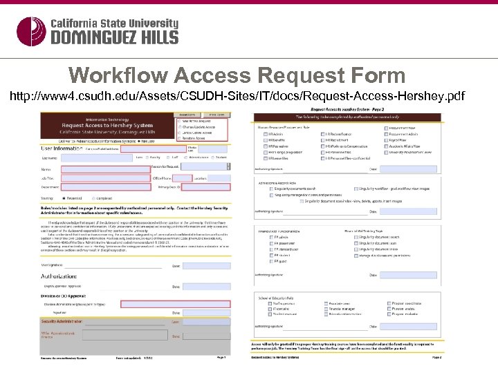 Workflow Access Request Form http: //www 4. csudh. edu/Assets/CSUDH-Sites/IT/docs/Request-Access-Hershey. pdf 