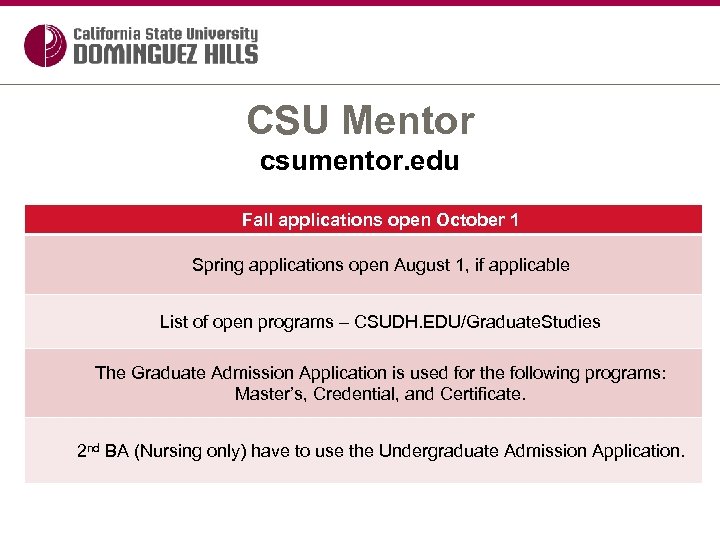 CSU Mentor csumentor. edu Fall applications open October 1 Spring applications open August 1,