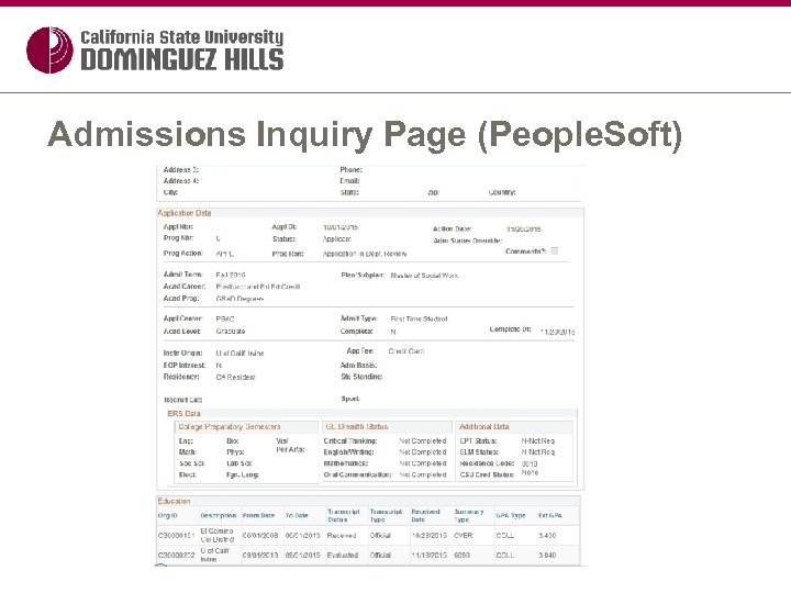 Admissions Inquiry Page (People. Soft) 
