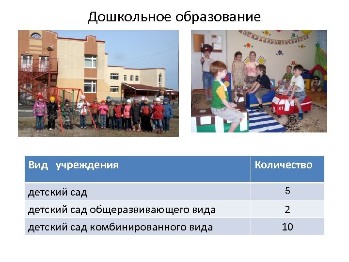 Дошкольное образование Вид учреждения Количество детский сад общеразвивающего вида 2 детский сад комбинированного вида