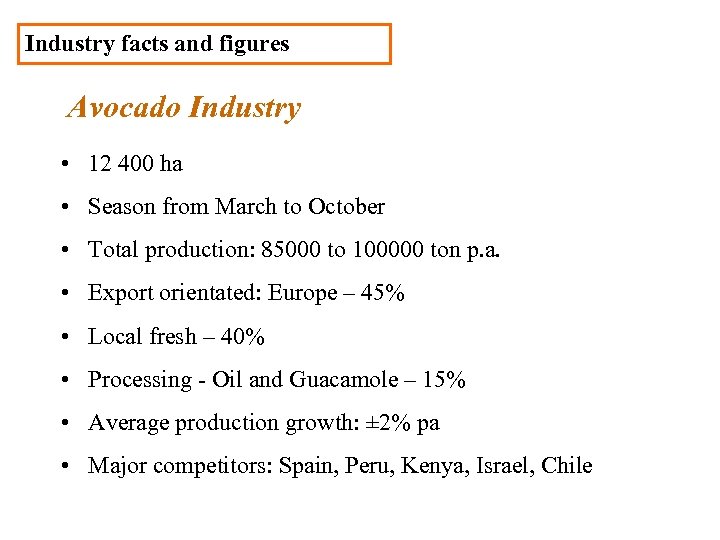Industry facts and figures Avocado Industry • 12 400 ha • Season from March