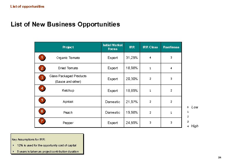 List of opportunities List of New Business Opportunities Project Initial Market Focus IRR Class