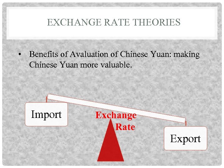 EXCHANGE RATE THEORIES • Benefits of Avaluation of Chinese Yuan: making Chinese Yuan more