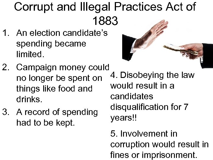 Corrupt and Illegal Practices Act of 1883 1. An election candidate’s spending became limited.