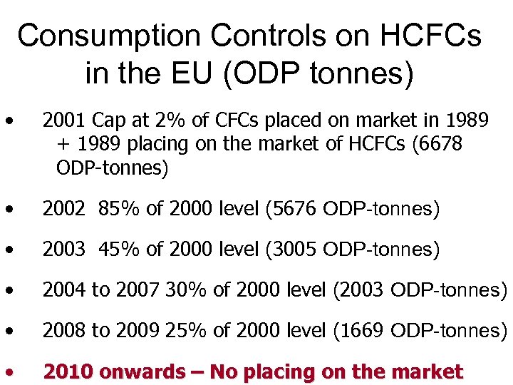 Consumption Controls on HCFCs in the EU (ODP tonnes) • 2001 Cap at 2%