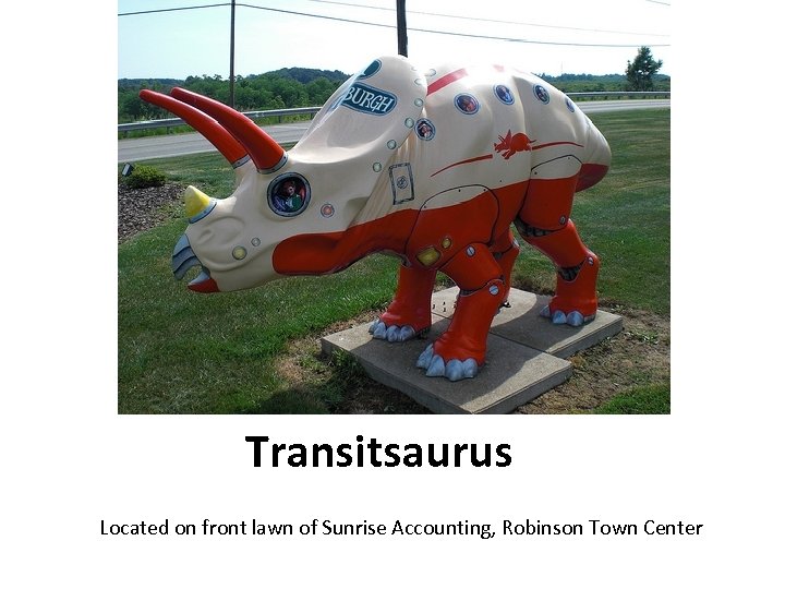 Transitsaurus Located on front lawn of Sunrise Accounting, Robinson Town Center 
