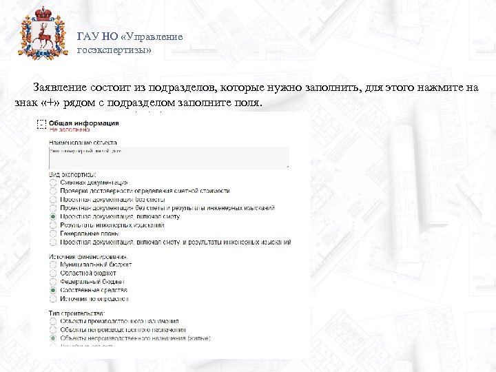 ГАУ НО «Управление госэкспертизы» Заявление состоит из подразделов, которые нужно заполнить, для этого нажмите