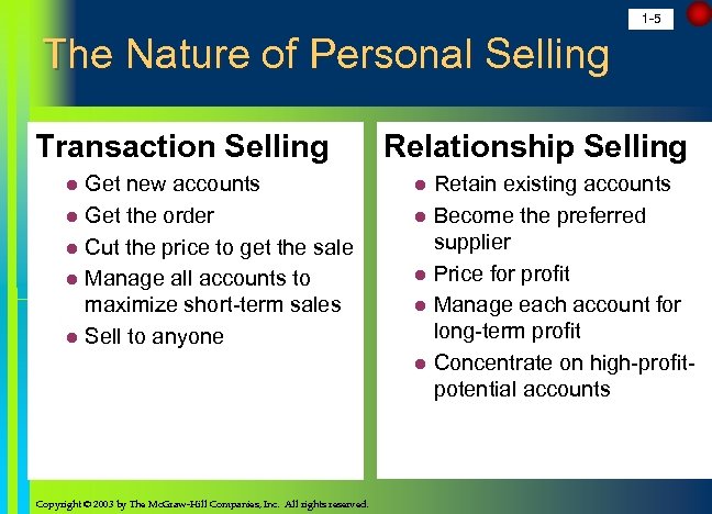 1 -5 The Nature of Personal Selling Transaction Selling l l l Get new