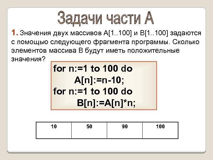 1. Значения двух массивов A[1. . 100] и B[1. . 100] задаются с помощью