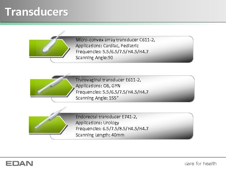 Transducers Micro-convex array transducer C 611 -2, Applications: Cardiac, Pediatric Frequencies: 5. 5/6. 5/7.