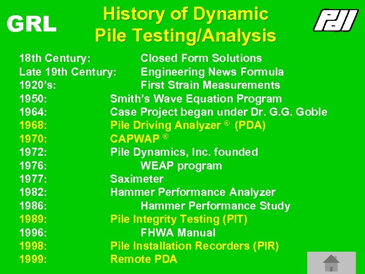 GRL History of Dynamic Pile Testing/Analysis 18 th Century: Closed Form Solutions Late 19