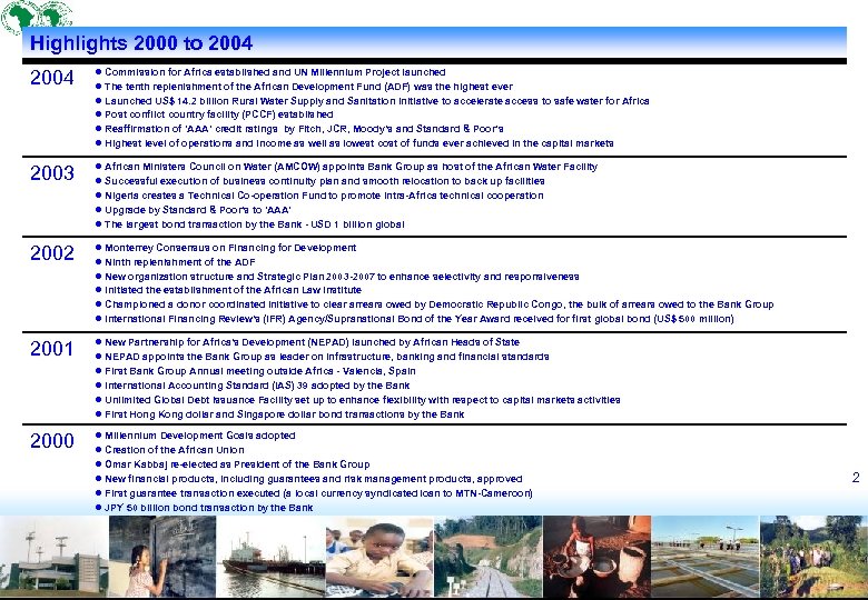 Highlights 2000 to 2004 l Commission for Africa established and UN Millennium Project launched