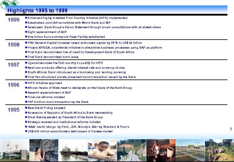Highlights 1995 to 1999 l Enhanced Highly Indebted Poor Country Initiative (HIPC) implemented l