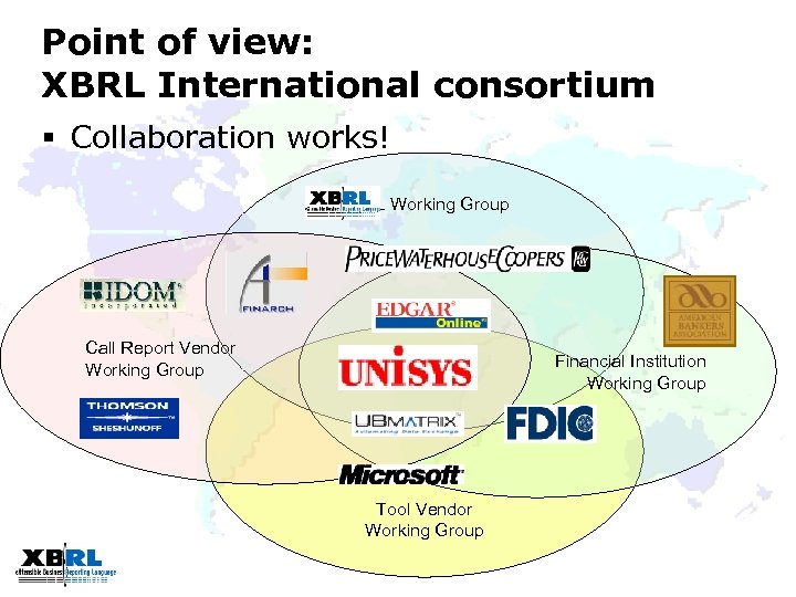 Point of view: XBRL International consortium § Collaboration works! XBRL Working Group Call Report