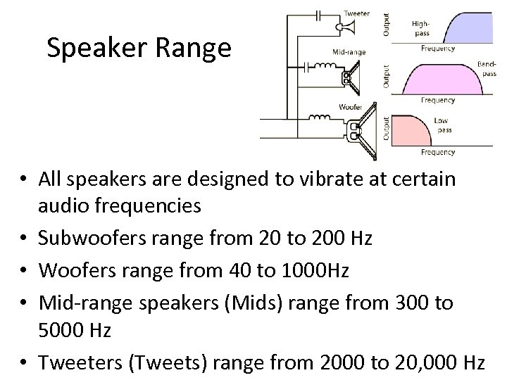 Speaker Range • All speakers are designed to vibrate at certain audio frequencies •