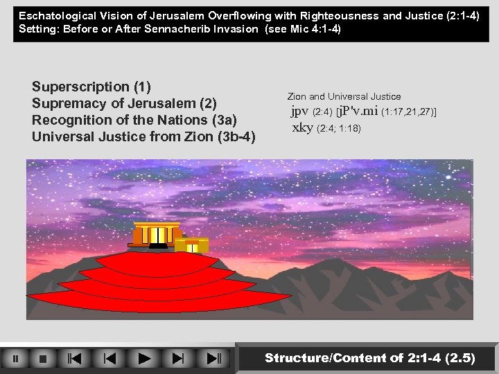 Eschatological Vision of Jerusalem Overflowing with Righteousness and Justice (2: 1 -4) Setting: Before
