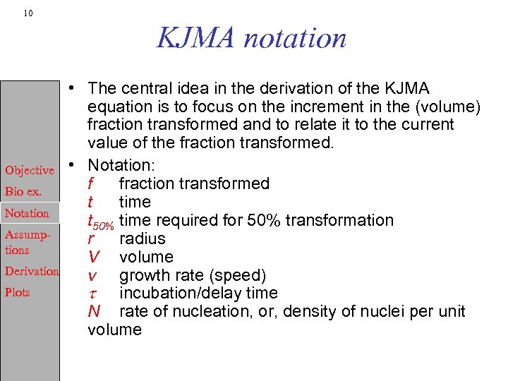10 KJMA notation Objective Bio ex. Notation Assumptions Derivation Plots • The central idea