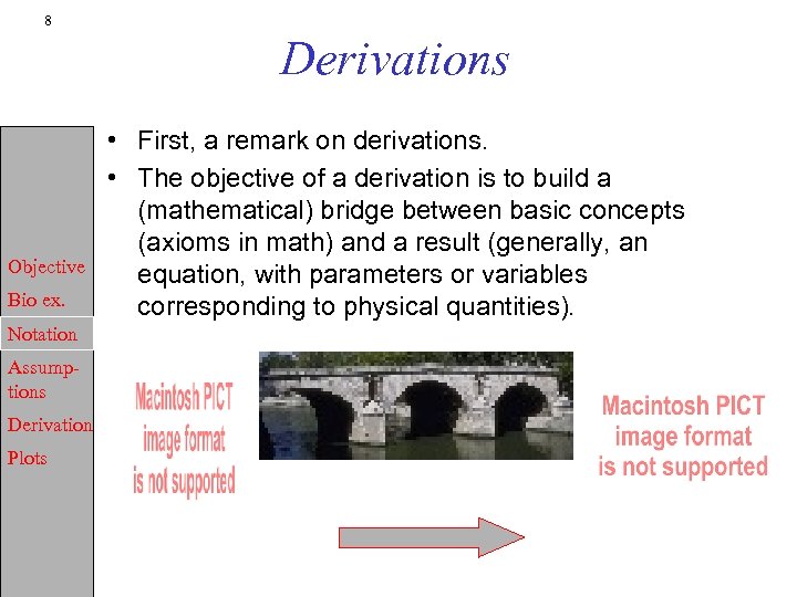 8 Derivations Objective Bio ex. Notation Assumptions Derivation Plots • First, a remark on