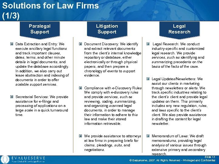 Solutions for Law Firms (1/3) Paralegal Support © Data Extraction and Entry: We execute