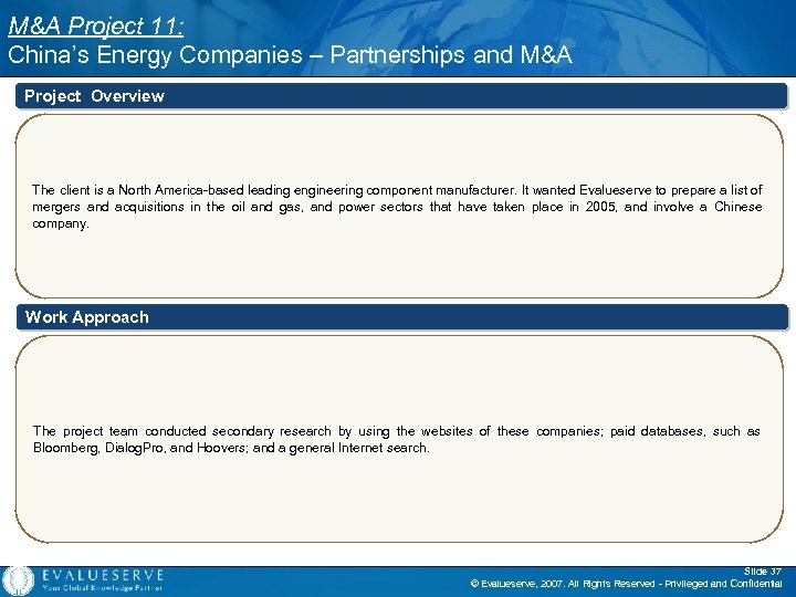 M&A Project 11: China’s Energy Companies – Partnerships and M&A Project Overview The client