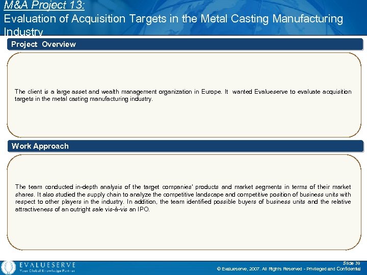 M&A Project 13: Evaluation of Acquisition Targets in the Metal Casting Manufacturing Industry Project