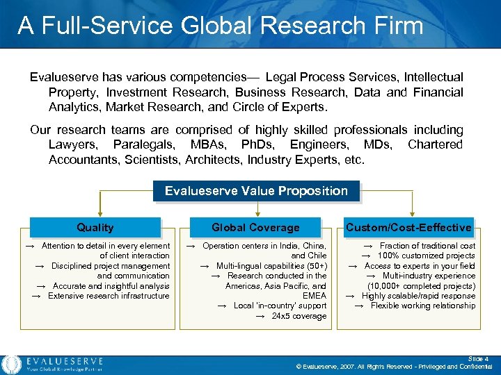 A Full-Service Global Research Firm Evalueserve has various competencies— Legal Process Services, Intellectual Property,