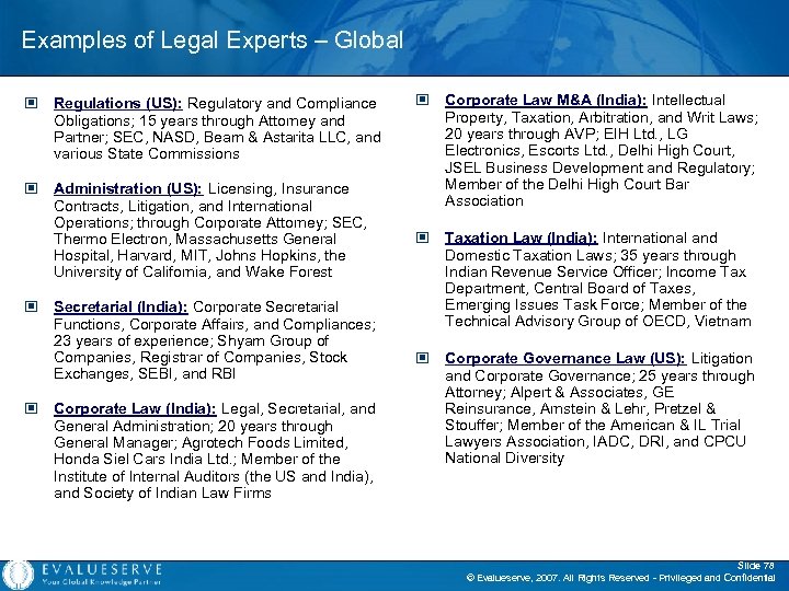 Examples of Legal Experts – Global © Regulations (US): Regulatory and Compliance Obligations; 15