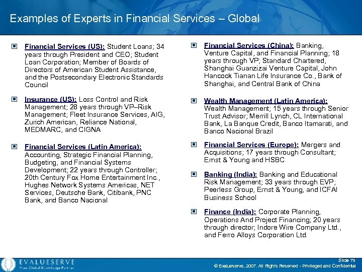 Examples of Experts in Financial Services – Global © Financial Services (US): Student Loans;