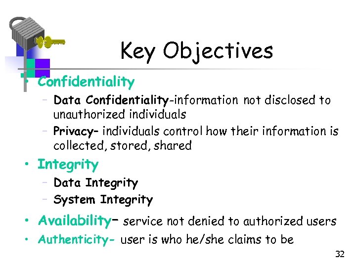 Key Objectives • Confidentiality – Data Confidentiality-information not disclosed to unauthorized individuals – Privacy–