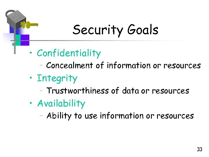 Security Goals • Confidentiality – Concealment of information or resources • Integrity – Trustworthiness