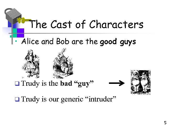 The Cast of Characters • Alice and Bob are the good guys q Trudy