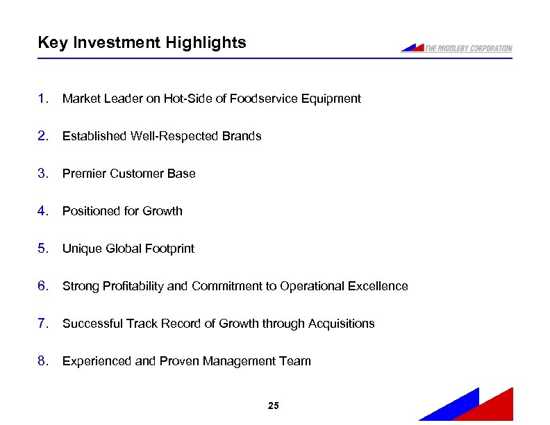 Key Investment Highlights 1. Market Leader on Hot-Side of Foodservice Equipment 2. Established Well-Respected