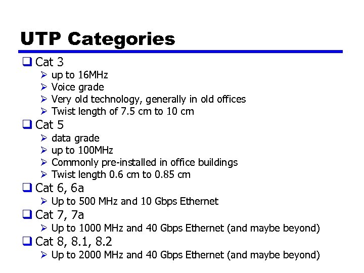 UTP Categories q Cat 3 Ø Ø up to 16 MHz Voice grade Very