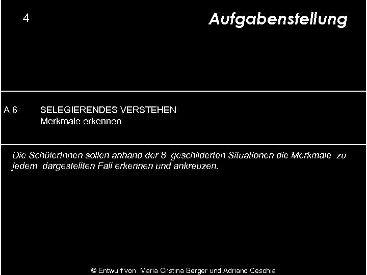 Aufgabenstellung 4 A 6 SELEGIERENDES VERSTEHEN Merkmale erkennen Die Schüler. Innen sollen anhand der