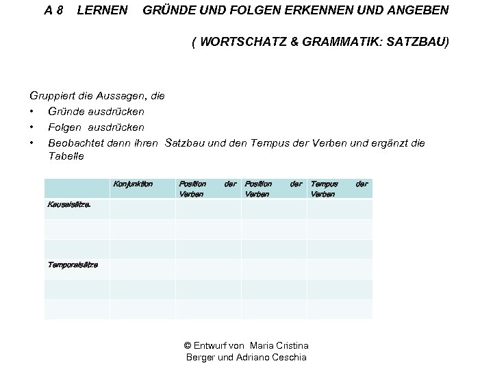 A 8 LERNEN GRÜNDE UND FOLGEN ERKENNEN UND ANGEBEN ( WORTSCHATZ & GRAMMATIK: SATZBAU)