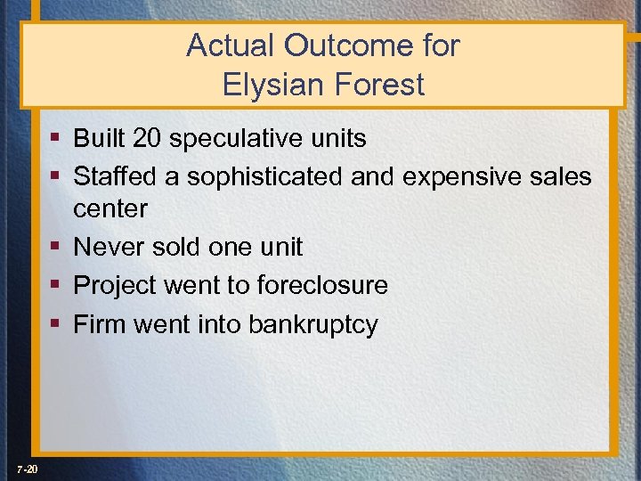 Actual Outcome for Elysian Forest § Built 20 speculative units § Staffed a sophisticated