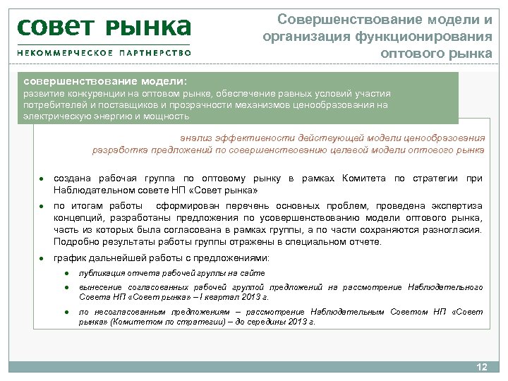 Совершенствование модели и организация функционирования оптового рынка совершенствование модели: развитие конкуренции на оптовом рынке,
