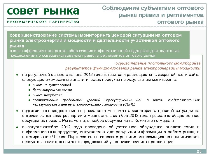 Соблюдение субъектами оптового рынка правил и регламентов оптового рынка совершенствование системы мониторинга ценовой ситуации