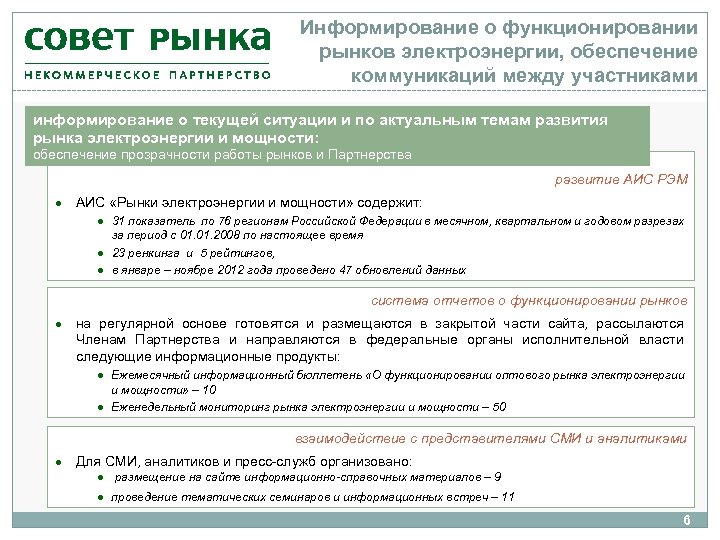 Информирование о функционировании рынков электроэнергии, обеспечение коммуникаций между участниками информирование о текущей ситуации и