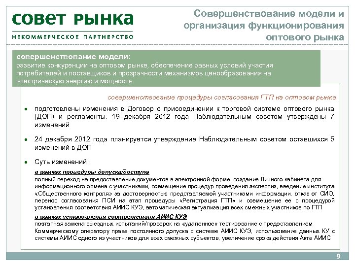 Совершенствование модели и организация функционирования оптового рынка совершенствование модели: развитие конкуренции на оптовом рынке,