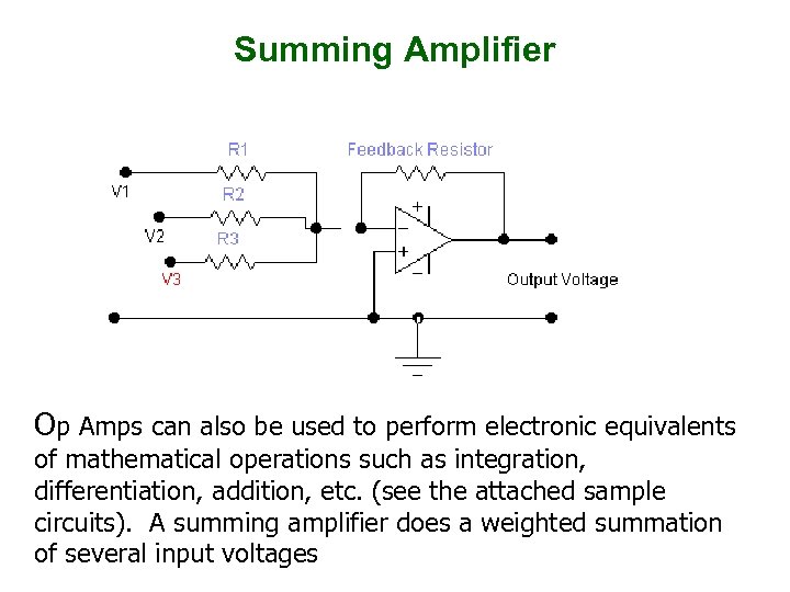Summing Amplifier Op Amps can also be used to perform electronic equivalents of mathematical