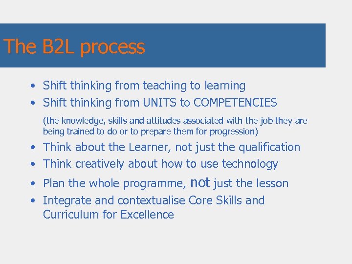 The B 2 L process • Shift thinking from teaching to learning • Shift