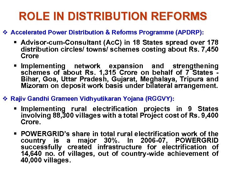 ROLE IN DISTRIBUTION REFORMS v Accelerated Power Distribution & Reforms Programme (APDRP): § Advisor-cum-Consultant