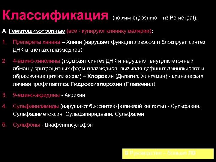 Классификация (по хим. строению – из Регистра!): А. Гематошизотропные (все - купируют клинику малярии):