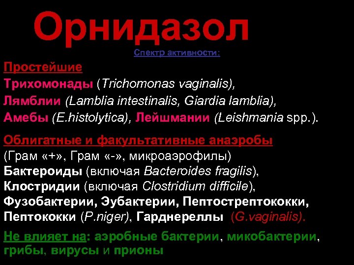 Орнидазол Спектр активности: Простейшие Трихомонады (Trichomonas vaginalis), Лямблии (Lamblia intestinalis, Giardia lamblia), Амебы (E.