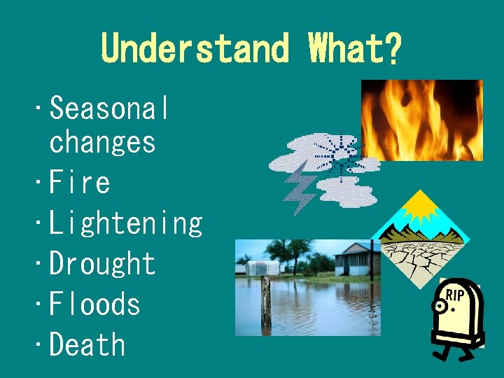 Understand What? • Seasonal changes • Fire • Lightening • Drought • Floods •
